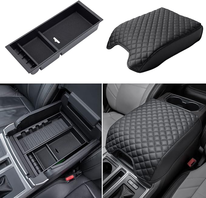 PIMCAR Compatible with Ford 2015-2020 F150, 2017-2022 F250 F350 F450, 2018-2024 Expedition Center Console Organizer & Armrest PU Leather Cover-Bucket Seat Only