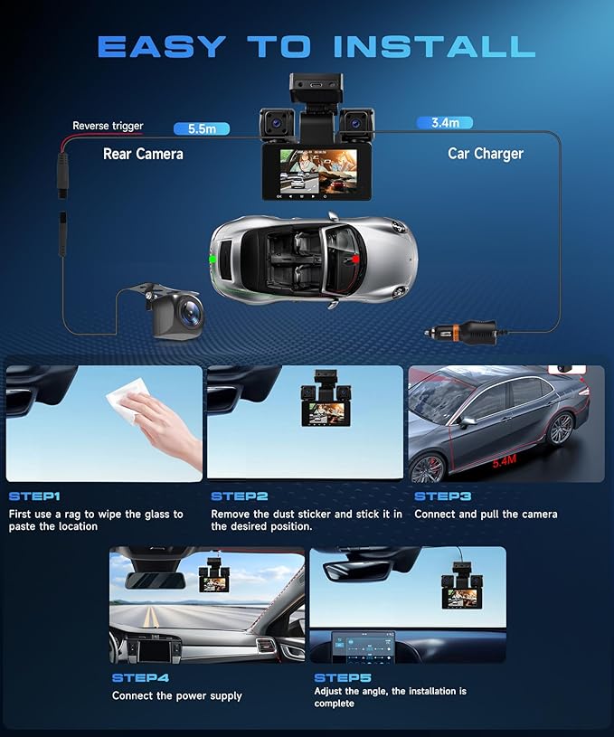 4 Channel 360° Dash Cam, 2K Front 1080P Rear Left Right, 3" IPS Screen, 5G WiFi APP Control, 8 IR Night Vision, G-Sensor, Loop Recording, 24/7 Parking Monitoring for Cars, Trucks, SUVs