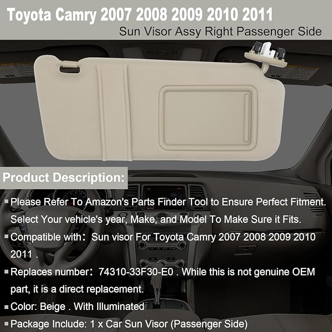 NHILES Right Passenger Side Sun Visor Fits for Toyota Camry 2007 2008 2009 2010 2011 Replacement Sun Shade with Light # 74310-33F30-E0 (Beige)