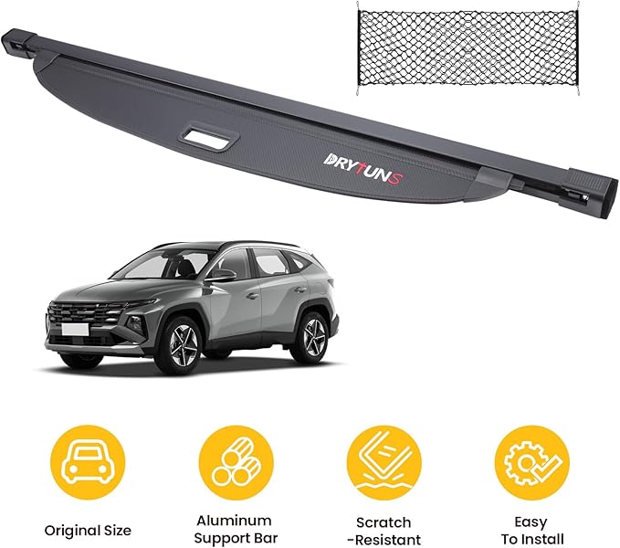 Cargo Cover for Hyundai Tucson 2022-2026, Retractable Trunk Cover Privacy Shade for 22-26 Hyundai Tucson (Carbon Fiber Leather + Net)