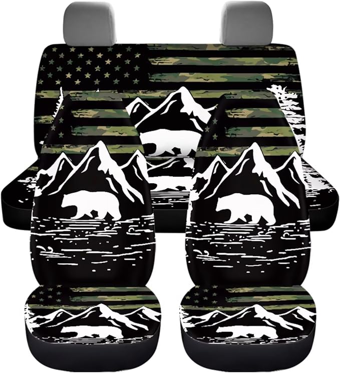 Dreaweet Car Seat Covers Full Set American Flag Mountains Bear Design Seat Covers for Truck SUV Cars with Steering Wheel Cover/Armrest Cover/Seatbelt Covers/Car Coasters/Gear Shift Cover,12 Pcs Set