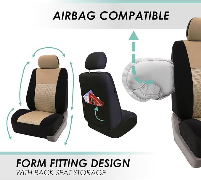FH Group Car Seat Covers Trendy Elegance 3D Air Mesh Car Accessories, Airbag Compatible and Split Ready Beige Three Row Set 8 Headrest Covers Universal Fit Interior Accessories for Cars Trucks SUV