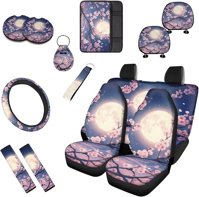 Cherry Blossom 13 Pcs Pattern Car Seat Covers Classical Pink Cherry Blossom Set Steering Wheel Cover Cup Coasters Moon Aesthetics Trucks Sedan SUV Cover Armrest Cushion Pad