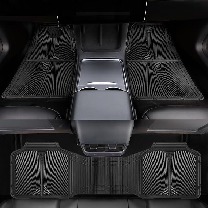 CAR PASS Rubber Floor Mats, All Weather Waterproof Trim-to-Fit Automotive Mats for Cars Trucks SUV, Anti-Slip Easy Clean, Heavy Duty Full Set 3-Piece, All Black