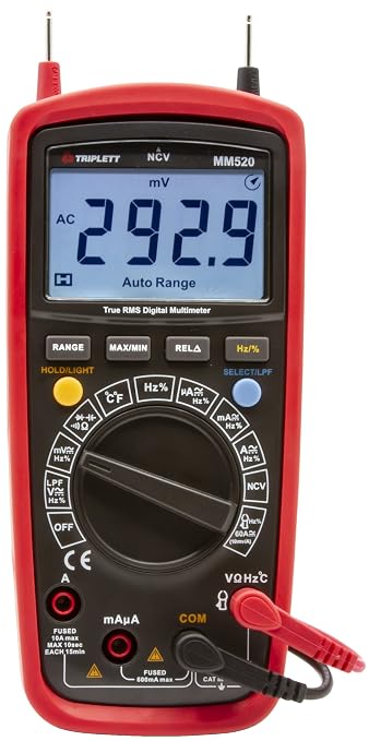 Triplett MM520 True RMS 6000 Count High Performance Digital Multimeter with Certificate of Calibration to NIST - AC/DC Voltage, AC/DC Current, Resistance, Temperature, Continuity