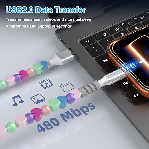 USB A to USB C Cable Beaded Charging Cord 3FT for iPhone 17 16 Pro Max 15 Car Play,Cute Type C Fast Car Charger Cable for iPhone 17e 16e 15/iPad Pro 10 11th/Samsung S26 S25 Ultra S24 Phone Girls Women