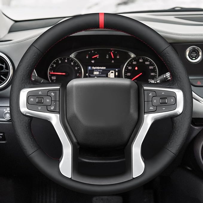 MEWANT DIY Black Smooth Geom Embossed Faux Leather Steering Wheel Cover for Chevy Silverado Blazer 1500 Silverado 2500