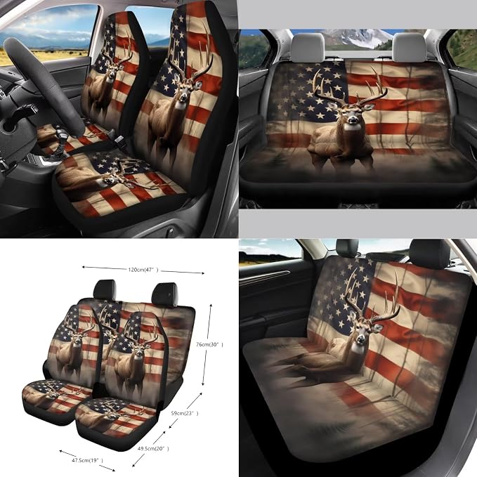 American Flag Deer Print Car Seat Cover Full Set 15 Pcs with Steering Wheel Cover Seat Belt Pads Cup Coasters Trash Bag Air Vent Case Rearview Mirror Cover Keychain Auto Accessories