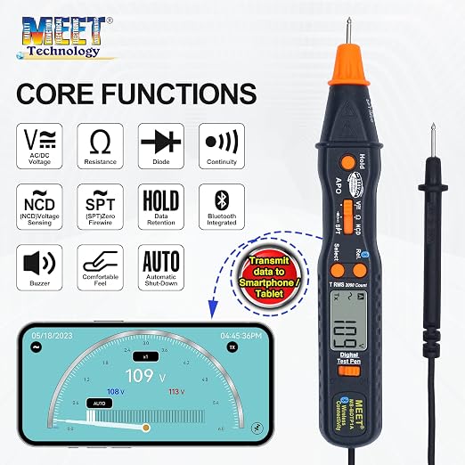 Meet Pen Type Smart Multimeter, 2000 Counts Auto-Ranging with NCV Detection, New NCD ＆ SPT Non-Contact Voltmeter Sensor, Pen Test for DC AC Voltage, Resistance, Diode Continuity