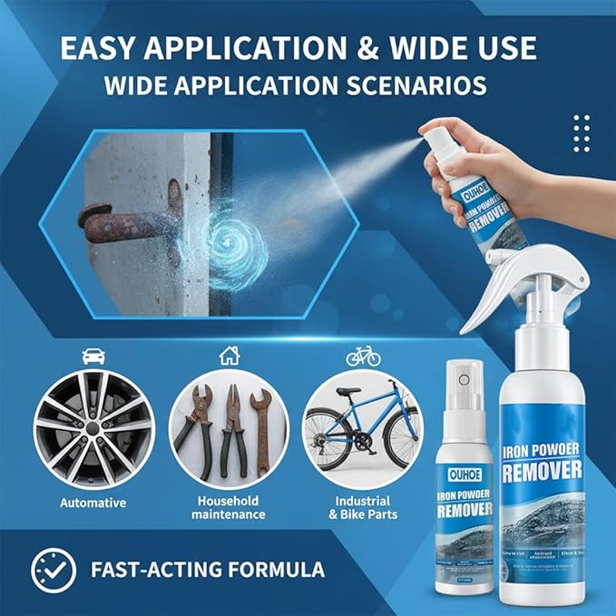 Multi-functional Quick-Acting Rust Removal Spray, 30/100ML Instant Rust Remover for Metal, Car Wheels, Tools & Bikes, Fast-Acting Iron Powder Remover, Restores Shine & Prevents Oxidation (100ml)