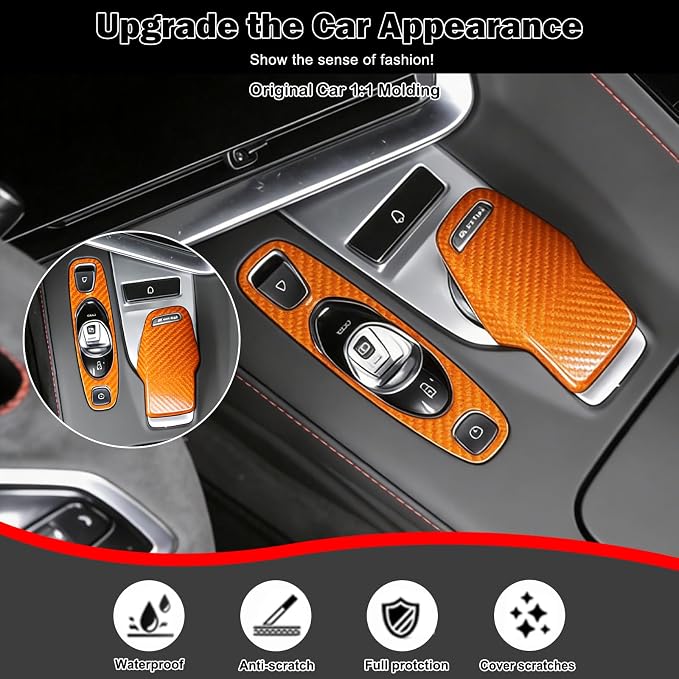 Set of 2 Genuine Carbon Fiber Gear Shift Panel Cover Trim for Corvette C8 2020-2025 Gear Shift Knob Head Protection&Console Gear Shift Button Panel P D Auto M Button Frame Accessories (Yellow)
