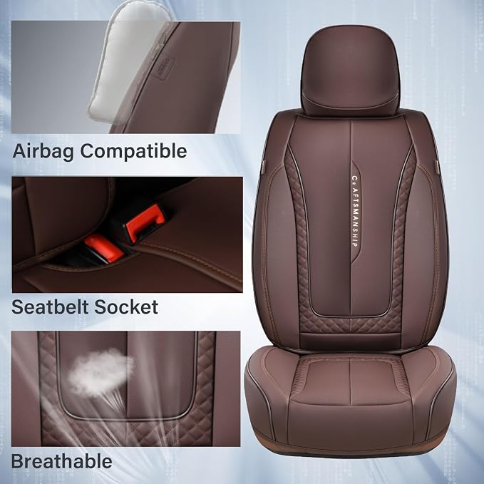 Coverado Car Seat Cover Full Set, Brown Seat Covers Front Seats Back Seat Covers, Nappa Leather Waterproof, Car Seat Cushion, Car Seat Protector Universal Fit Most Cars