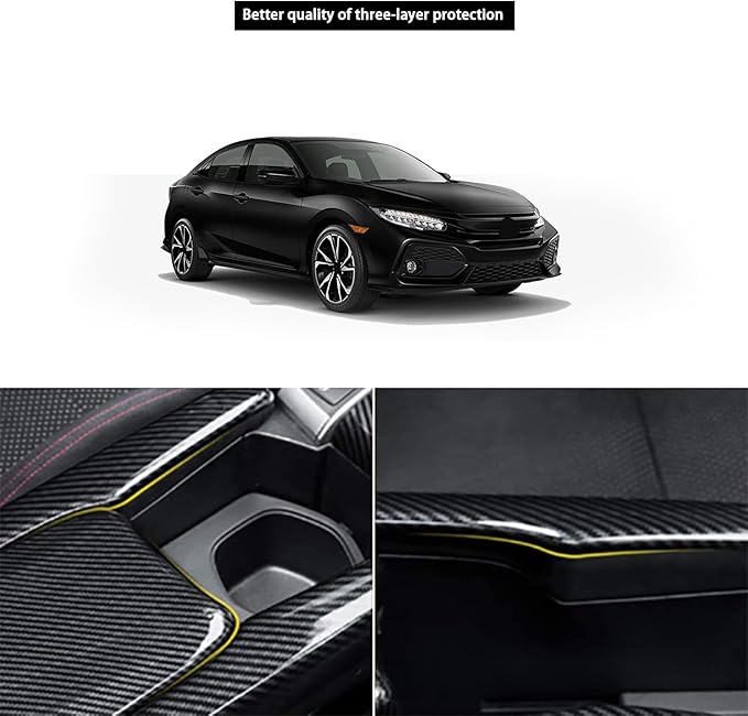 Center Console Trim Cover Compatible with Honda Civic 10th Generation 2016-2021 Center Armrest Box ABS Black Carbon Fiber (3Pcs)