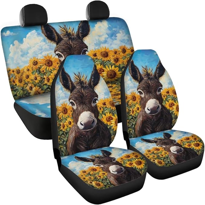 Donkey Car Seat Covers Universal Fit Most Vehicles Seat Cushion Covers Full Set with Steering Wheel Cover/Coasters/Seatbelt Pad/Shift Knob Handbrake Cover Sunflower Auto Accessories Set of 11