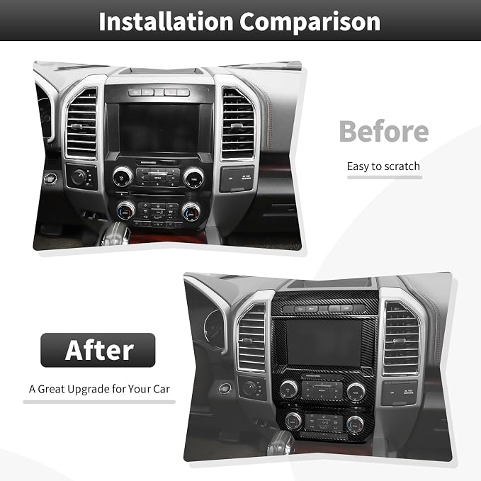 CheroCar Black Carbon Fiber Central Control Navigation & Emergency Light Control Panel Trim Cover Kit Fit for Ford F150 2015-2020 Hazard Light Switch & GPS Screen Surround Decorative Bezels