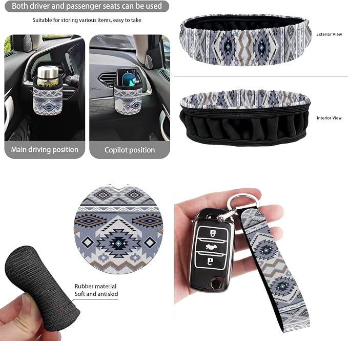 Dreaweet Tribal Navajo Car Seat Covers Full Set Grey Native American Steering Wheel Cover Seat Belt Pads Trash Bag Air Vent Storage Pouch Rea rview Mirror Cover Coaster Keychain,15 Pcs,Universal Fit