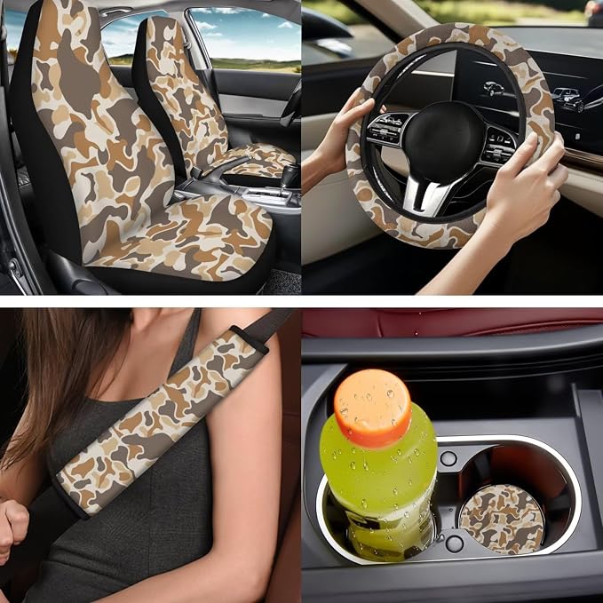 Bulopur Camo Hunting Duck Car Seat Covers Front and Rear with Steering Wheel Cover Elastic Center Console Cushion Anti-Slip Seat Belt Pads 14 Piece Vehicle Interior Decor Set