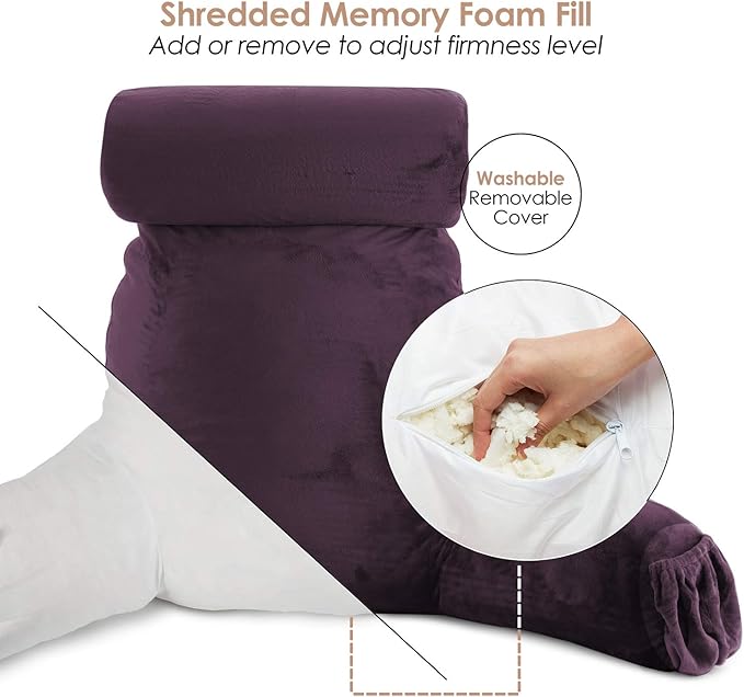 Nestl Reading Pillow with Shredded Memory Foam Includes 2 Neck and Lumber Support Pillows, Designed for Sitting Up in Bed and Couch, Back and Arms Adjustable Support for Adult & Teens, Purple