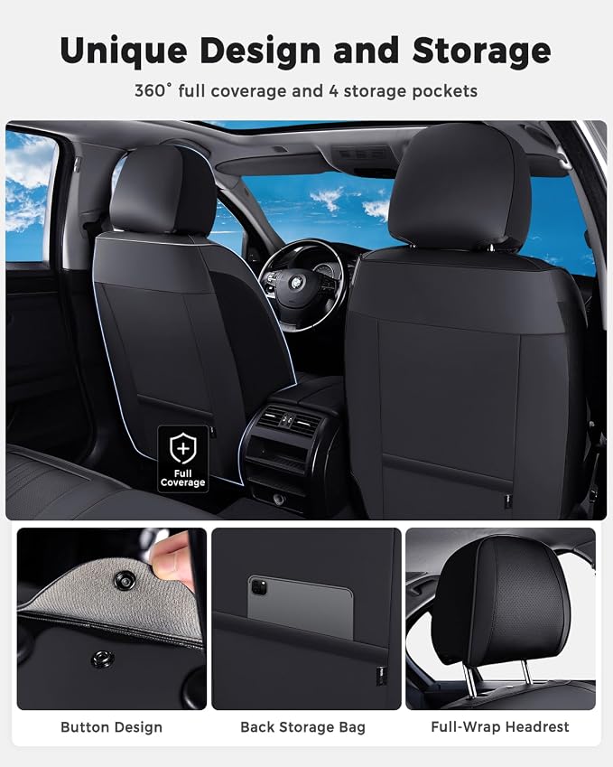 Huidasource Front Seat Covers, Luxury Faux Leather Front Car Seat Cover, Compatible with Airbags, Seatbelt Buckles, Perforation, Cooling＆Heating, Universal Fit for Most Cars, Vans, Trucks, SUVs, Black