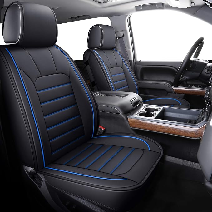 LUCKYMAN CLUB Silverado Seat Covers Fit for 2007-2023 2024 2025 Chevy Silverado Sierra 1500 2500 3500 Crew,Double,Extended Cab with Water Proof Faux Leather (Black & Blue Full Set)