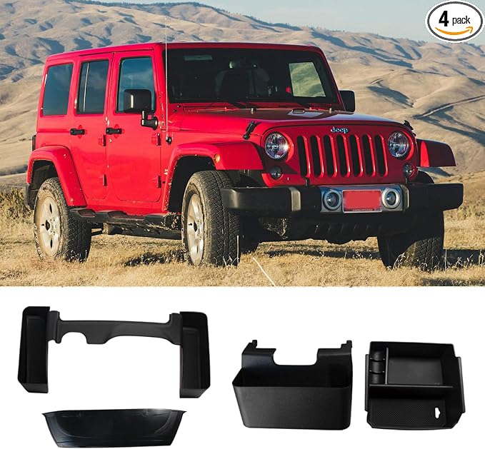 4PCS Center Console Organizer for Jeep Wrangler 2011-2018 JK JKU 2/4 Door, Gear Shift Console Side Tray Organizer, Passenger Side Co-Pilot Organizer, Hanging Armrest Storage Box