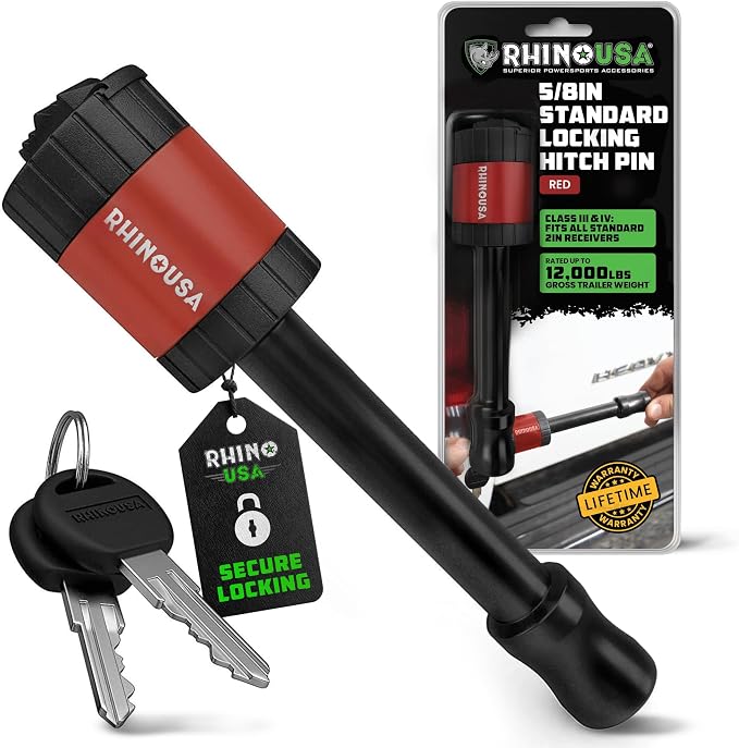 Rhino USA 2” Trailer Hitch Pin – Patented 5/8" Locking Receiver Pin for Class III/IV Hitches – Weatherproof, Anti-Theft, Debris-Protected – Tow Truck Ready – Red 1PK