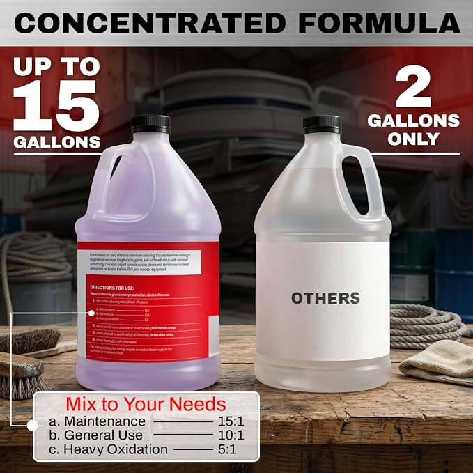 Concentrated Aluminum Brightener & Cleaner – Makes 15 Gallons – Removes Oxidation, Dirt, & Grime – Spray On Aluminum Cleaner for Boat Hulls, Pontoons, Trailers, Wheels, & RVs – Made in USA - 1 Gallon