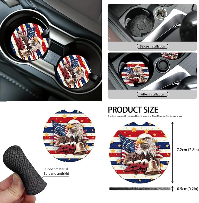 Car Seat Covers 15Pcs Full Set Car Steering Wheel Cover Seat Belt Cover Trash Bin Air Vent Storage Box Rear View Mirror Car Cup Holder Keychain, American Flag Eagle 250 Years