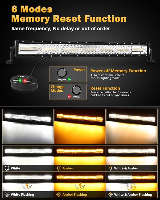 Auxbeam 6 Modes Amber White Series 30-Inch LED Light Bar for Car Truck Jeep | Dual-color strobe light, Spot flood combo beam, Emergency warning flashing light, Off-roading light, 180W high brightness