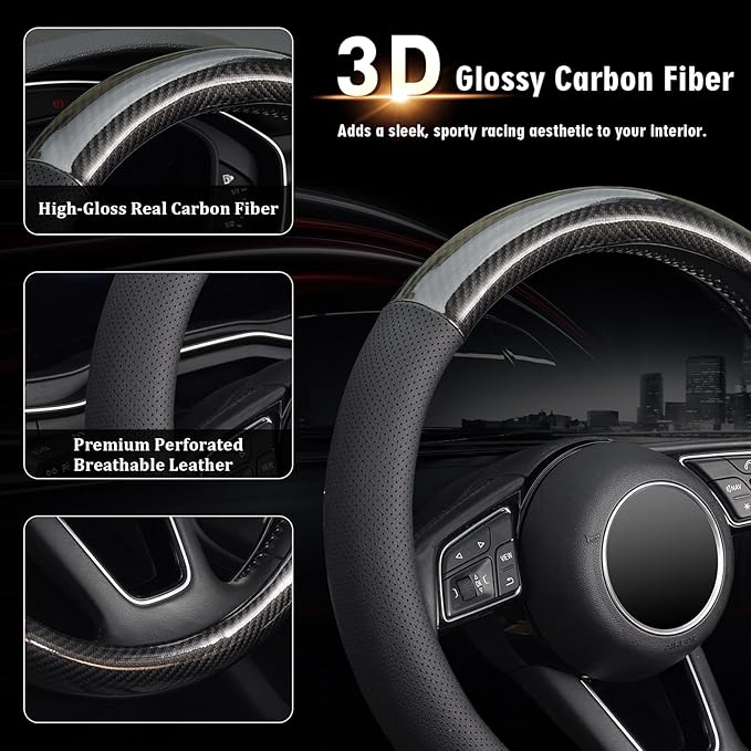 KAFEEK 16 inch Classic Carbon Fiber Steering Wheel Cover Compatible with F150 F250 F350 Ram 4Runner Tacoma Tundra Range Rover, Breathable Microfiber Leather, Black