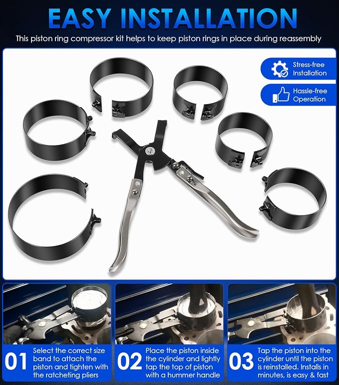 940387 Piston Ring Compressor Tool Set for Car Diesel Engines with Vehicle Maintenance Clamps, Ratchet Pliers and Storage Case, Piston Ring Band Sizes 2-7/8" to 4-3/8"