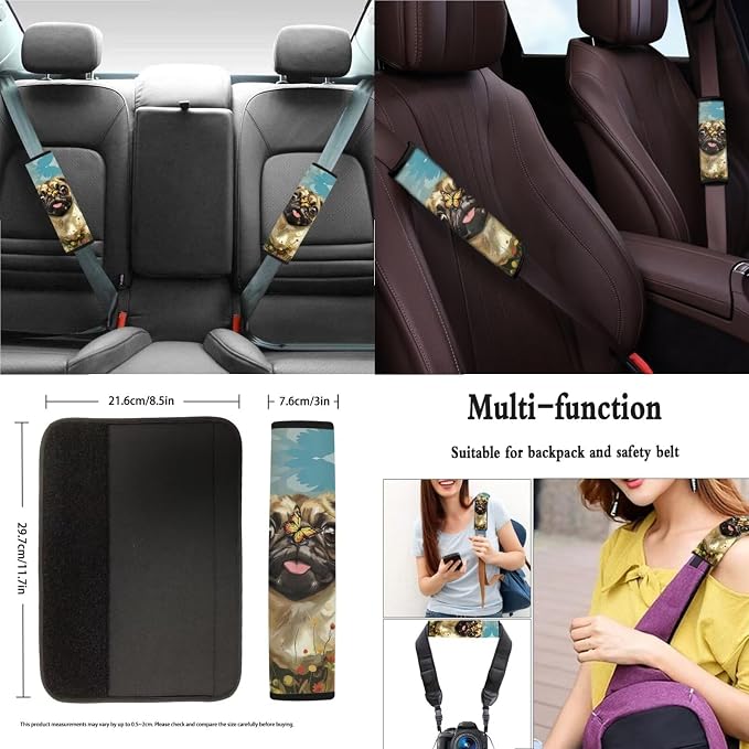 Xoenoiee Pug Dog Butterfly Floral Print Universal Car Seat Covers Full Set 11-pcs Car Interior Accessories, Car Coasters, Keychain, Steering Wheel Cover, Seat Belt Pad