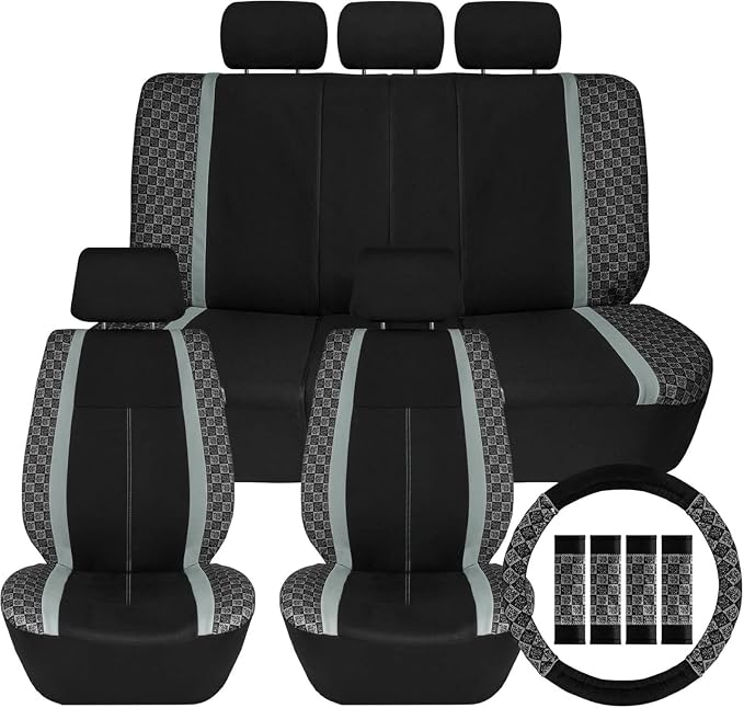 We Are Young Life is Fun™ Checker Car Seat Covers Universal Fit Interior Accessories Full Set Gray Seat Cover Combo Steering Wheel Cover and Seat Belt Pads, Airbag and Split Rear Car Seat Covers