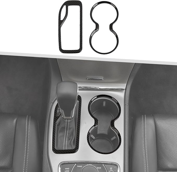 Jimen Fit for Jeep Grand Cherokee 2016-2021, 2PCS Front Cup Holder Trim Overlay & Gear Shift Cover (Carbon Fiber)