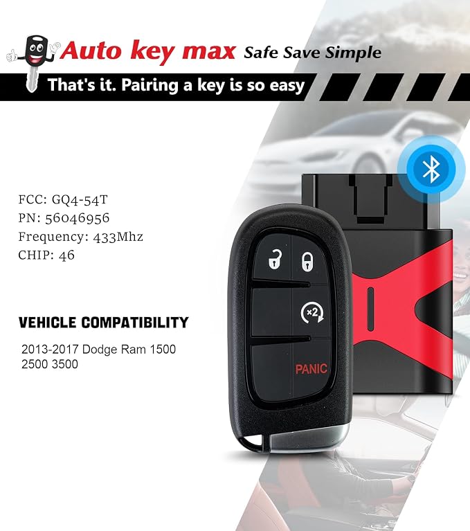 Simple Programmable Keyfob, Replacement Car Key Fob and DIY Programmer Kit Compatible with 2013-2019 Ram 1500 2500 3500 Air Suspension Smart Remote GQ4-54T /46 CHIP