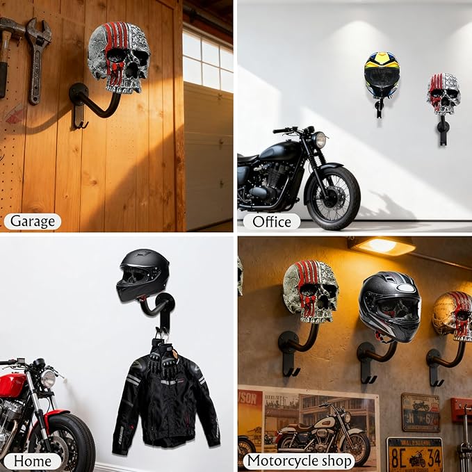 Motorcycle Helmet Rack Wall Mount,Red Skull Helmet Holder Wall Mount with 2 Hooks Helmet Hanger for Coats, Caps, Baseballs and Rugby Helmet,Motorcycle Accessories