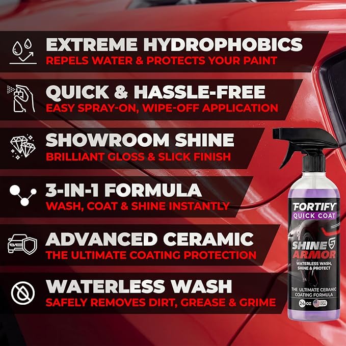SHINE ARMOR Fortify Quick Coat - 16oz Ceramic Waterless Detailer Spray | 3-in-1 Wash, Wax & Nano-Ceramic Coating | Mirror Shine, Zero Streaks, No Dust Residue | 6-12 Month Protection | Made in USA