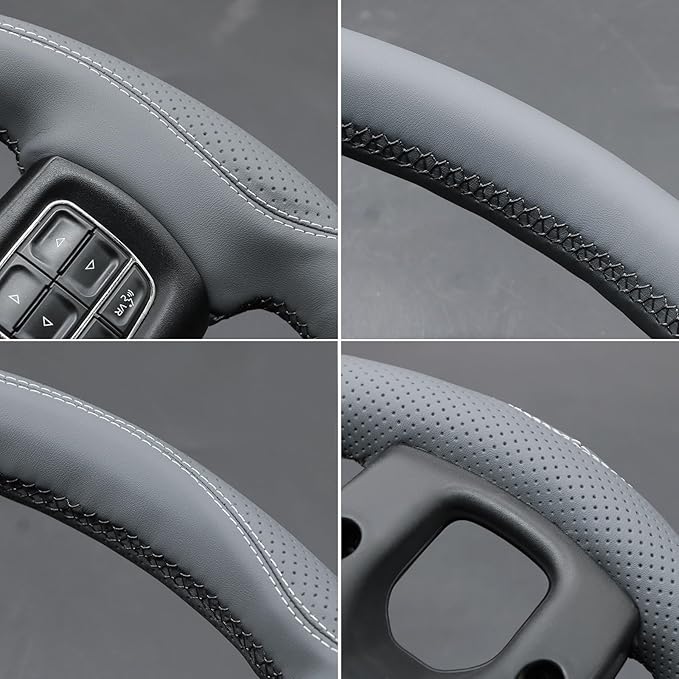 MEWANT DIY Hand Stitch Steering Wheel Cover for Dodge Ram 1500 2500 3500 2004-2008 Grey Faux Leather Steering Wheel Wrap