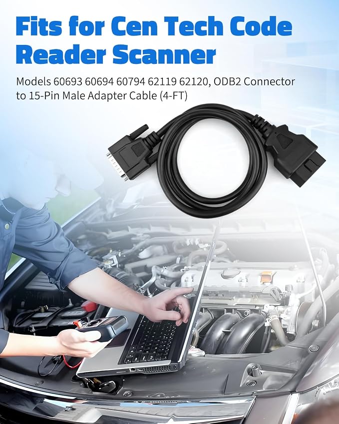 OBD2 OBDII Cable Fits for Cen-Tech Code Reader Scanner Models 60693 60694 60794 62119 62120, 15 Pin Car Male Connector to 16 Pin OBD2 Connector Cord, 4FT Cord