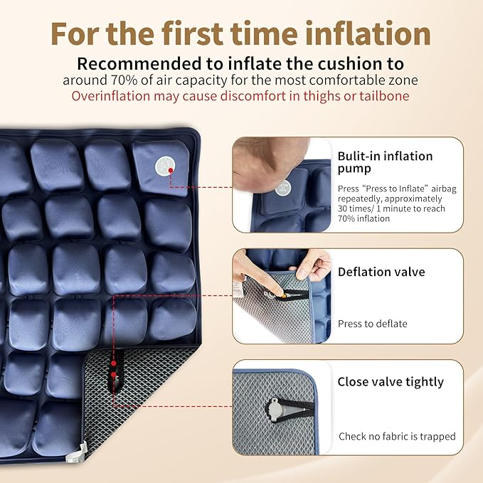 Inflatable Seat Cushion with Built-in Pump for Airplane Travel, Car & Office Chair - Portable Air Pad for Sciatica, Coccyx & Tailbone Pain Relief - 3D Air Cell Support for Long Sitting, 0.8lbs