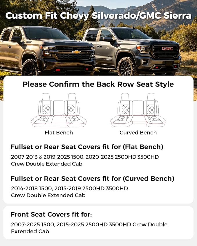 Huidasource for Silverado Seat Covers, Chevy Silverado Seat Covers Leather, GMC Sierra Pickup 1500 2007-2013&2019-2025, 2500HD 3500HD 2020-2025 Crew Double Extended Cab (Full Set/Gray)