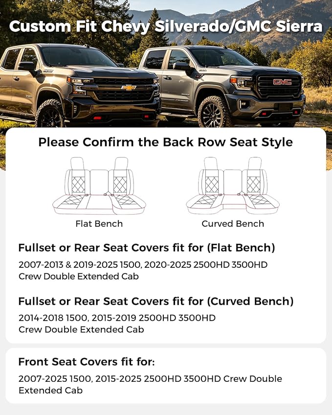 Huidasource Fit for Coffee Chevy Silverado Seat Covers, GMC Sierra Seat Covers, Thickened Nappa Leather Truck Seat Cover 2007-2013&2019-2025 1500, 2020-2025 2500HD 3500HD Crew Double Extended Cab