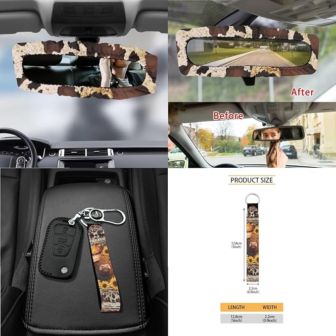 Aztec Tribal Highland Cattle Sunflower Pattern Front Rear Seats Prortector Steering Wheel Cover Seatbelt Pads Cup Coasters Keychain Trash Can 15 PCS Auto Acccessories Decor
