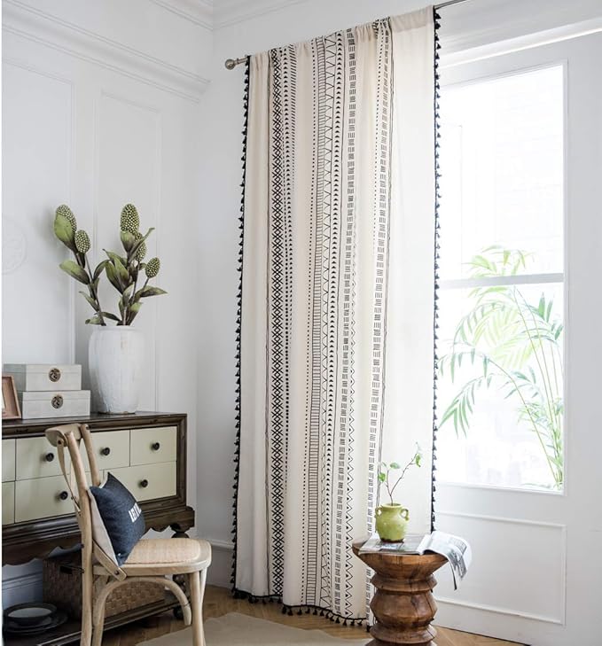 ColorBird Boho Long Floor to Ceiling Curtains for Living Room Sliding Door 95 Inches Modern Farmhouse Decor Black and White Striped Geometric Western Window Treatment Cream Curtain & Drapes 2 Panels