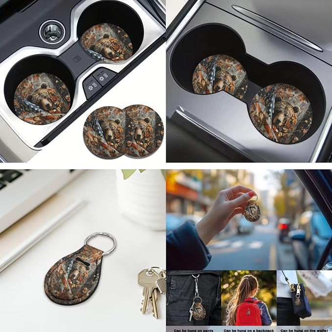 Camouflage Bear 12 Pack Car Seat Covers Full Set with Steering Wheel Cover Arm Rest Cover Car Cup Coasters Auto Seat Belt Cover Easy to Install Universal Fit for Vehicles,Cars,Suvs
