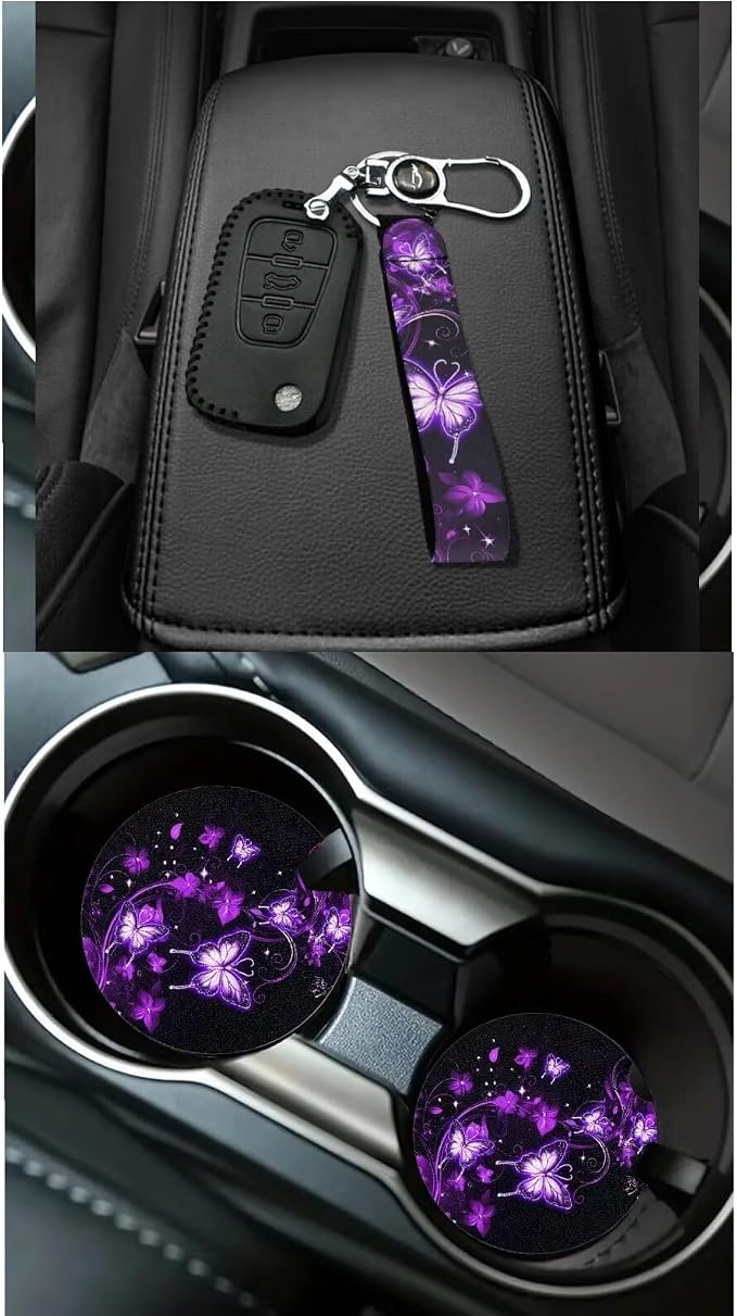 Dreaweet Purple Butterfly Car Seat Covers Full Set for Women Car Accessories Seat Cover Steering Wheel Cover Seatbelt Covers Car Coasters Garbage Bin Rear View Mirror Cover Keychain Air Vent Pouch