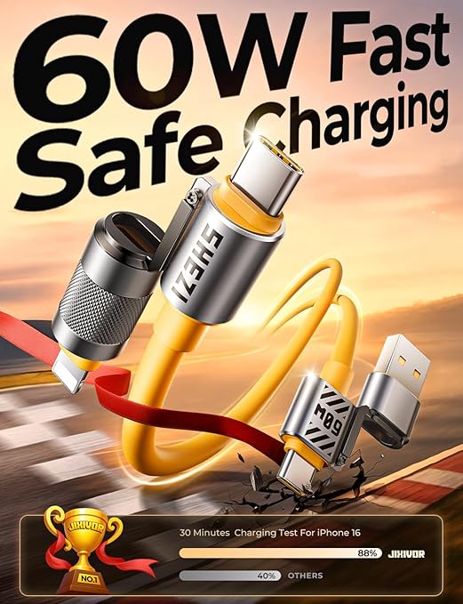 2025 Silicone 4-in-1 USB C Cable 60W Compatible with Lightning Cable Fast Charging & Data Transfer, Support to CarPlay & Android Auto, 5FT Multi Cord Combo Charger for iPhone/iPad