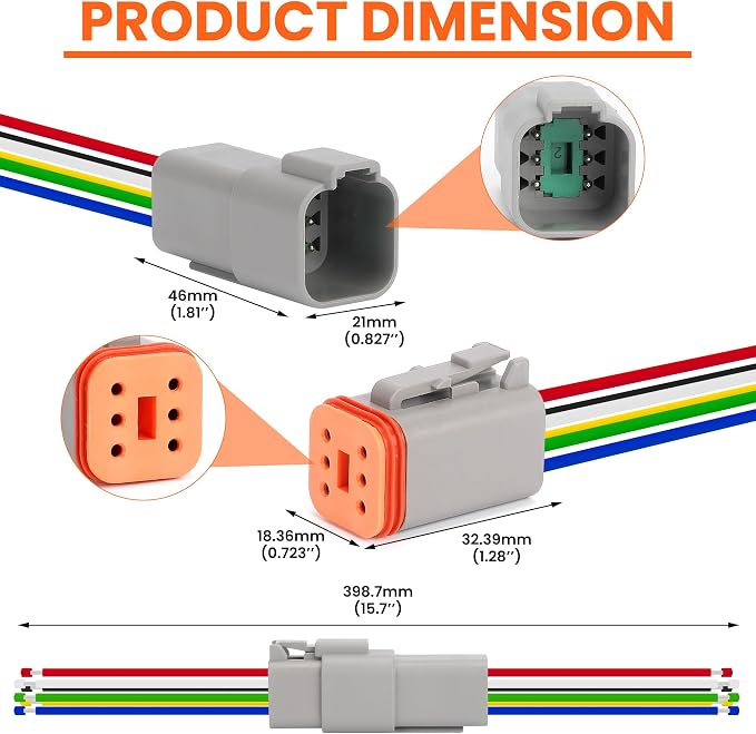 2 Sets Deutsch 6 Pin Connector Kit - Waterproof Electrical Connectors 18 AWG, IP67 Automotive Wire Connectors (Male & Female) for Car, Truck, Boat