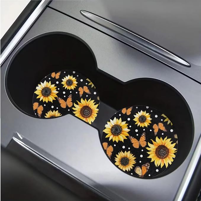 BIGCARJOB 12 Pcs Car Seat Covers Full Set Sunflower Print Cars Interior Accessories Auto Seat Protector Set Butterfly Print Armrest Cushion,Seat Belt Pads,Steering Wheel Covers