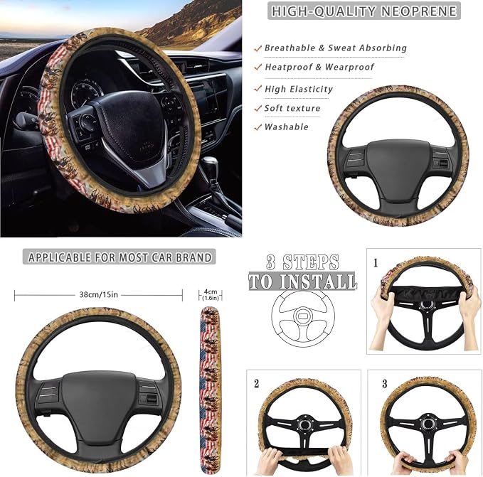 Horses American Flag Print Car Accessories Pack of 10, Front and Rear Seat Covers Car Trash Bin Steering Wheel Cover Cup Holders Keychain Air Vent Storage Bag Car Interior Decor Fit Most Cars